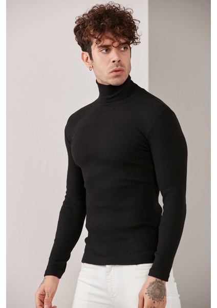 Erkek Siyah Lycra Boğazlı Kazak