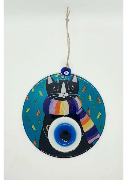 Atkılı Kara Kedi Figürlü Füzyon Cam Nazarlık Duvar Süsü