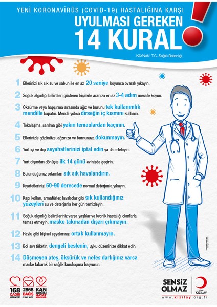 Koranavirüs Riskine Karşı 14 Kural Mavi Zemin Yazısı Kızılay Dekote Malzeme 25 x 35 cm Syl37