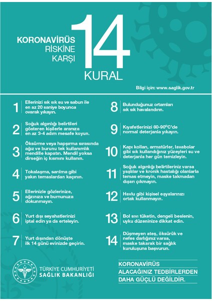 Koranavirüs Riskine Karşı 14 Kural Mavi Zemin Yazısı Sac Malzeme 25 x 35 cm Syl36