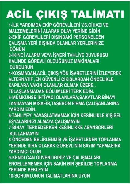 İzmir Serifgari Acil Çıkış Talimatı Galvaniz Uyarı Levhası 17,5 x 25 cm
