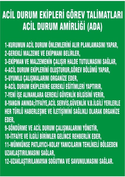 İzmir Serifgari Acil Durum Ekipleri Görev Talimatları Acil Durum Amirliği (Ada) (Kendinden Yapışkanlı Etiket) 17,5 x 25 cm