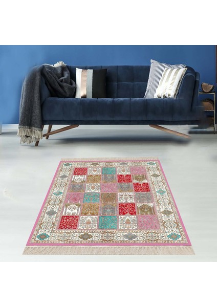 Etnik Desenli Dijital Baskı Yıkanabilir Kaymaz Taban Leke Tutmaz Salon Halısı ve Yolluk (Pembe)