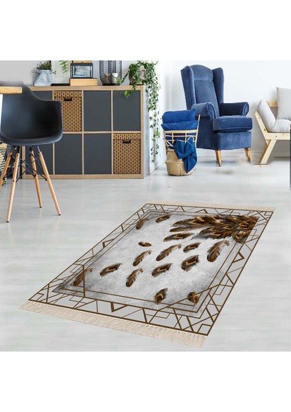 Kuş Tüyü Desenli Çerçeveli Dijital Baskı Yıkanabilir Kaymaz Taban Salon Halısı ve Yolluk (Hardal)