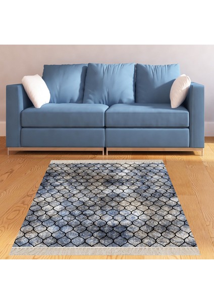 Geometrik Desenli Dijital Baskı Yıkanabilir Kaymaz Taban Modern Kilim Desen Salon Halı (Mavi)