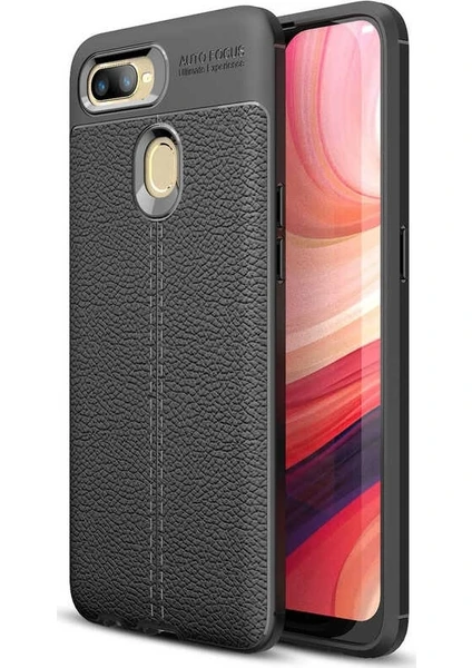 Case Street Oppo Ax7 Kılıf Niss Silikon Deri Görünüm  +  Nano Glass Siyah