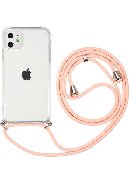 Apple iPhone 11 Kılıf Boyna Askılı Ayarlanabilir Şeffaf Silikon Pembe