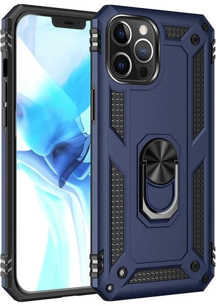 Case Street Apple iPhone 12 Pro Kılıf Tank Koruma Vega Standlı Yüzüklü Mıknatıslı + Nano Glass Lacivert