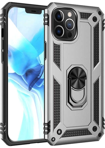 Case Street Apple iPhone 12 Pro Kılıf Tank Koruma Vega Standlı Yüzüklü Mıknatıslı + Nano Glass Gümüş