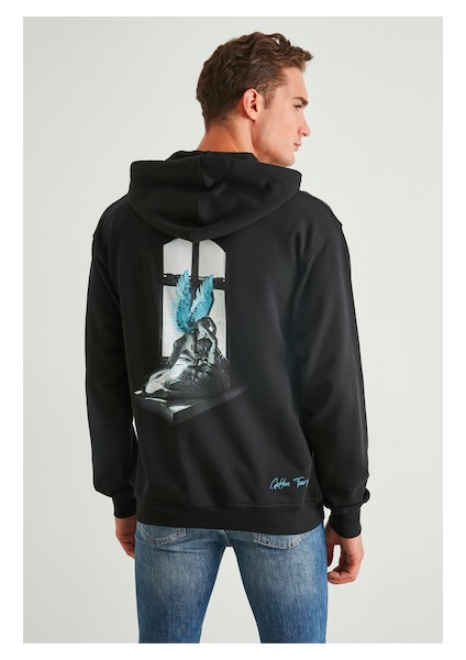 Baskılı Kapüşonlu Sweatshirt Blue Wings Angel