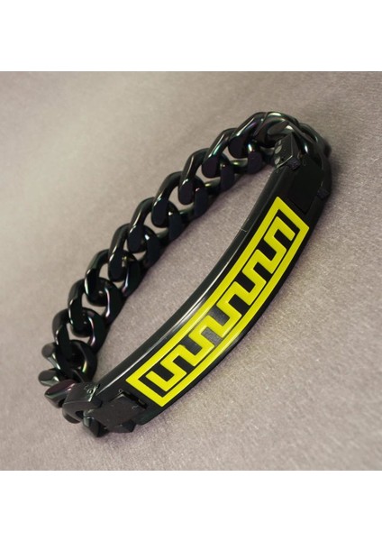 Ottoman Kalın Siyah Grek Motifli Erkek Çelik Bileklik