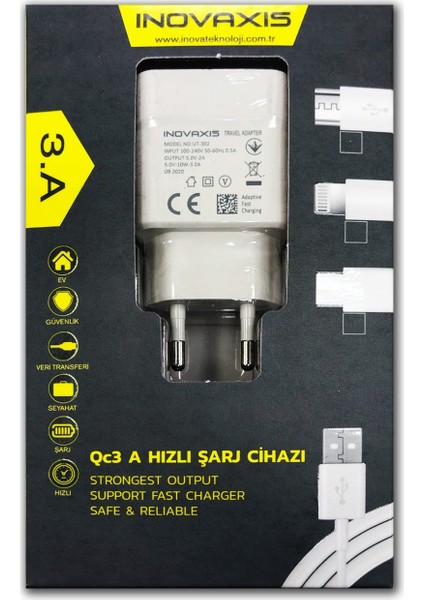 Inovaxis Tüm (Micro) USB Cihazlarla Uyumlu 3A.HIZLI Şarj Cihazı + Kablo modelleri