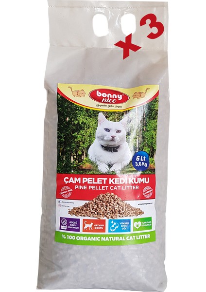 Doğal Kedi Kumu Çam Pellet 3.6 kg 7 lt x 3 Paket