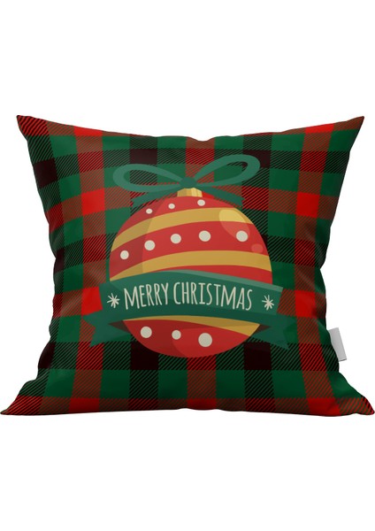 Yılbaşı Ekose Zeminde Tek Taraflı Baskı Noel Süsü Kırlent Kılıfı