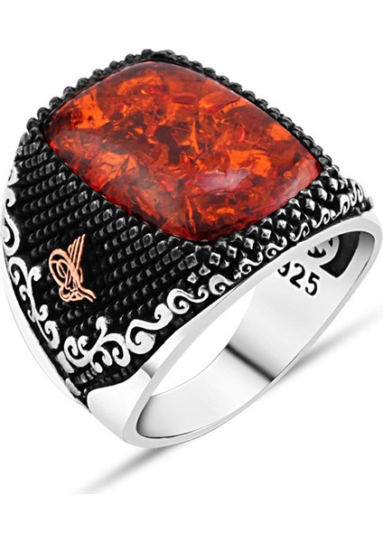 Kehribar Taşlı Mini Tuğra İşlemeli Özel Tasarım Gümüş Erkek Yüzük