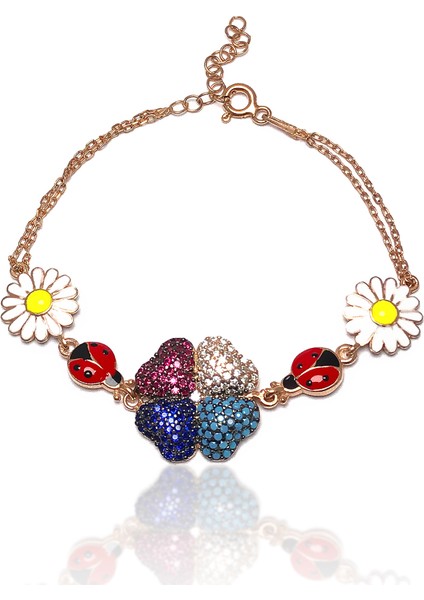 Karışık Renkli Yonca Model Rose Kaplama Kadın Gümüş Bileklik