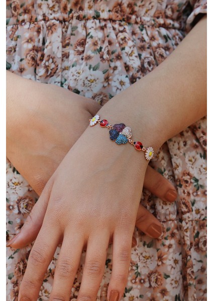 Karışık Renkli Yonca Model Rose Kaplama Kadın Gümüş Bileklik fiyatları