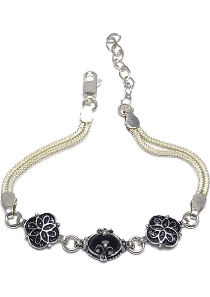 Oniks Taşlı Çiçek Mardin Hasırı Gümüş Bileklik