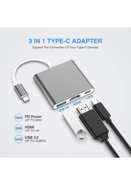 Multiport 4K Type-C To 3 Portlu HDMI - USB - Type-C Çevirici Adaptör Macbook Aparat A2179