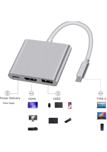 Multiport 4K Type-C To 3 Portlu HDMI - USB - Type-C Çevirici Adaptör Macbook Aparat A2179