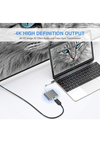 Multiport 4K Type-C To 3 Portlu HDMI - USB - Type-C Çevirici Adaptör Macbook Aparat A2179