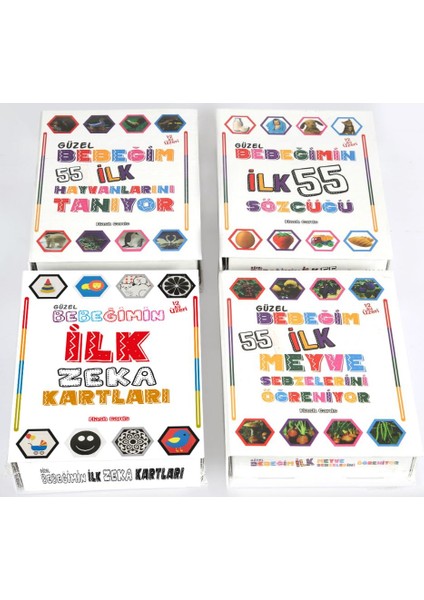 Ilk Zeka Kartlar Eğitici 4'lü Set Bebeğim Ilk 55 Zeka Kartları Sözcükler Hayvanlar Meyveler