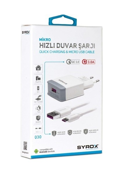 Microusb Girişli 3.0 Amper 1m Hızlı Şarj Aleti SYX-Q30