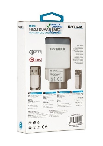 Microusb Girişli 3.0 Amper 1m Hızlı Şarj Aleti SYX-Q30