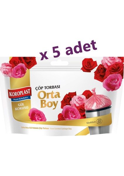 Gül Kokulu Orta Boy Çöp Torbası 55 x 60 Pembe 5'li