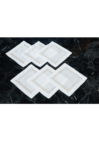 Caka Home 6'li Kokteyl Peçetesi Kare Nakışlı Keten Efektli Taş