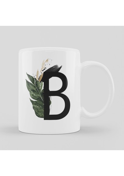 B Harfi Baskılı Çiçek Desenli Porselen Kupa Bardak