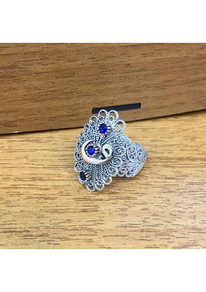 Gümüş Telkari Vav Harfi Kök Safir Taşlı Yüzük
