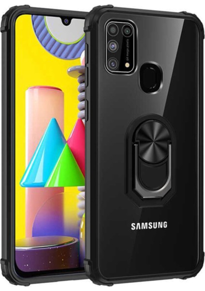 Samsung Galaxy M31 Kapak Şeffaf Yüzüklü Kenar Korumalı Standlı Kılıf - Siyah