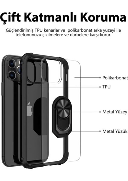 Caseart Apple iPhone 11 Pro Max Kapak Şeffaf Yüzüklü Kenar Korumalı Standlı Kılıf - Kırmızı