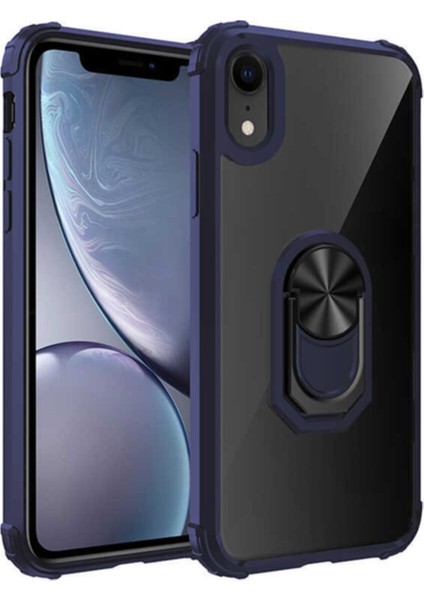 Apple iPhone Xr Kapak Şeffaf Yüzüklü Kenar Korumalı Standlı Kılıf - Lacivert