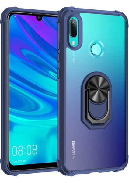 Huawei Y6 2019 Kapak Şeffaf Yüzüklü Kenar Korumalı Standlı Kılıf - Lacivert