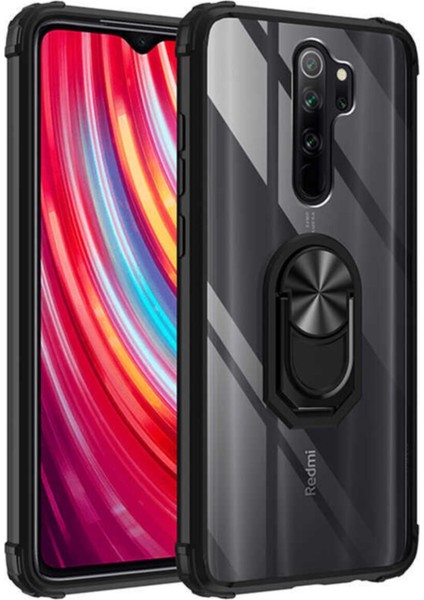 Xiaomi Redmi Note 8 Kapak Şeffaf Yüzüklü Kenar Korumalı Standlı Kılıf - Siyah