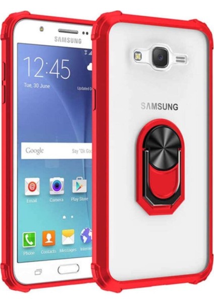 Caseart Samsung Galaxy J7 Prime Kapak Şeffaf Yüzüklü Kenar Korumalı Standlı Kılıf - Kırmızı