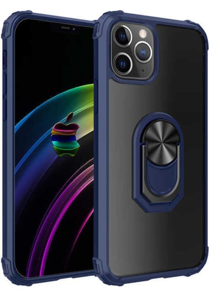 Apple iPhone 12 Pro Max Kapak Şeffaf Yüzüklü Kenar Korumalı Standlı Kılıf - Lacivert