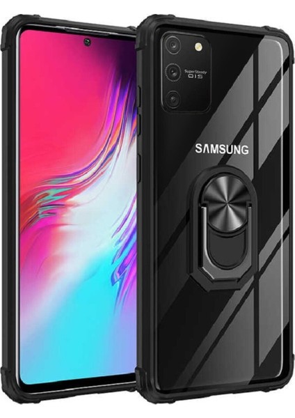 Samsung Galaxy A91 Kapak Şeffaf Yüzüklü Kenar Korumalı Standlı Kılıf - Siyah