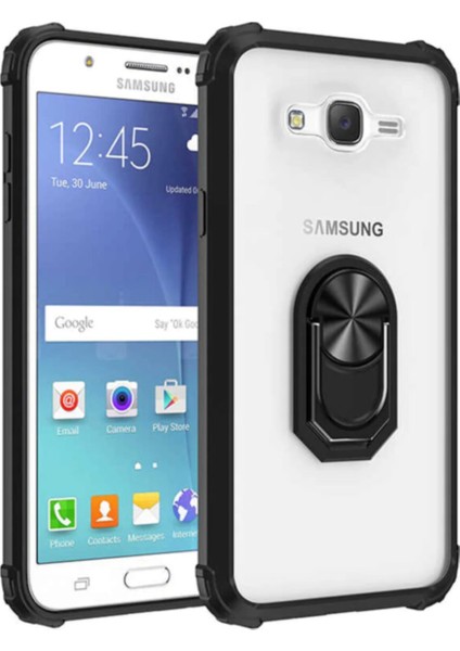 Caseart Samsung Galaxy J7 Prime 2 Kapak Şeffaf Yüzüklü Kenar Korumalı Standlı Kılıf - Siyah