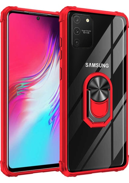 Samsung Galaxy A91 Kapak Şeffaf Yüzüklü Kenar Korumalı Standlı Kılıf - Kırmızı