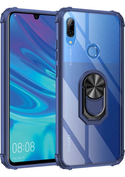 Huawei P Smart 2019 Kapak Şeffaf Yüzüklü Kenar Korumalı Standlı Kılıf - Lacivert