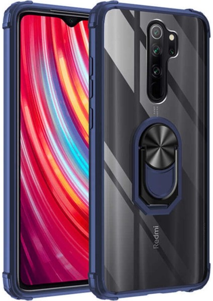 Xiaomi Redmi Note 8 Kapak Şeffaf Yüzüklü Kenar Korumalı Standlı Kılıf - Lacivert