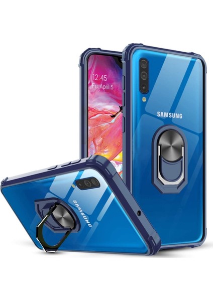 Caseart Samsung Galaxy A70 Kapak Şeffaf Yüzüklü Kenar Korumalı Standlı Kılıf - Lacivert