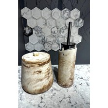Betonmall 2'Li Set Mermer Desenli Beton Çöp Kovası Ve Tuvalet Fırçası Damla Model Banyo Aksesuarları Takımı