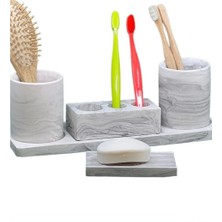Betonmall 5'Li Mermer Desenli Beton Banyo Seti Tuvalet Wc Sıvı Sabunluk Diş Fırçalığı Aksesuar Takım