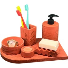 Betonmall 6'Lı Mermer Desenli Terracotta Beton Banyo Seti Tuvalet Wc Sıvı Sabunluk Diş Fırçalığı Takım