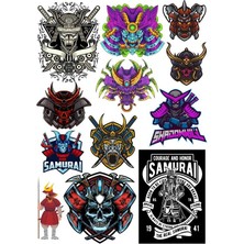 Reysa Tasarım Kuru Kafa Samurai Sticker Set 12 Parça Telefon, Tablet, Defter, Laptop Sticker