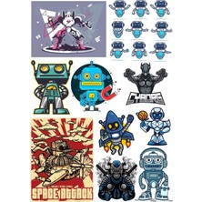 Reysa Tasarım Retro Robot Sticker Set 13 Parça Telefon, Tablet, Defter, Laptop Sticker